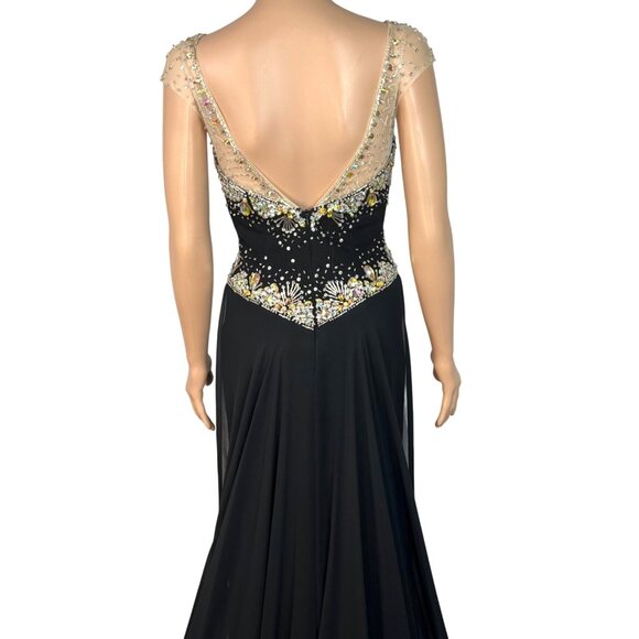 Panoply Black Rhinestone Embellished Mesh Illusion Gown Size 6 W Sheer Neckline - Picture 6 of 13